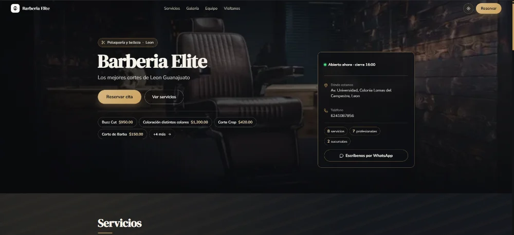 Página pública de una barbería con su portada, servicios con precio, horario de atención y botón de reservar