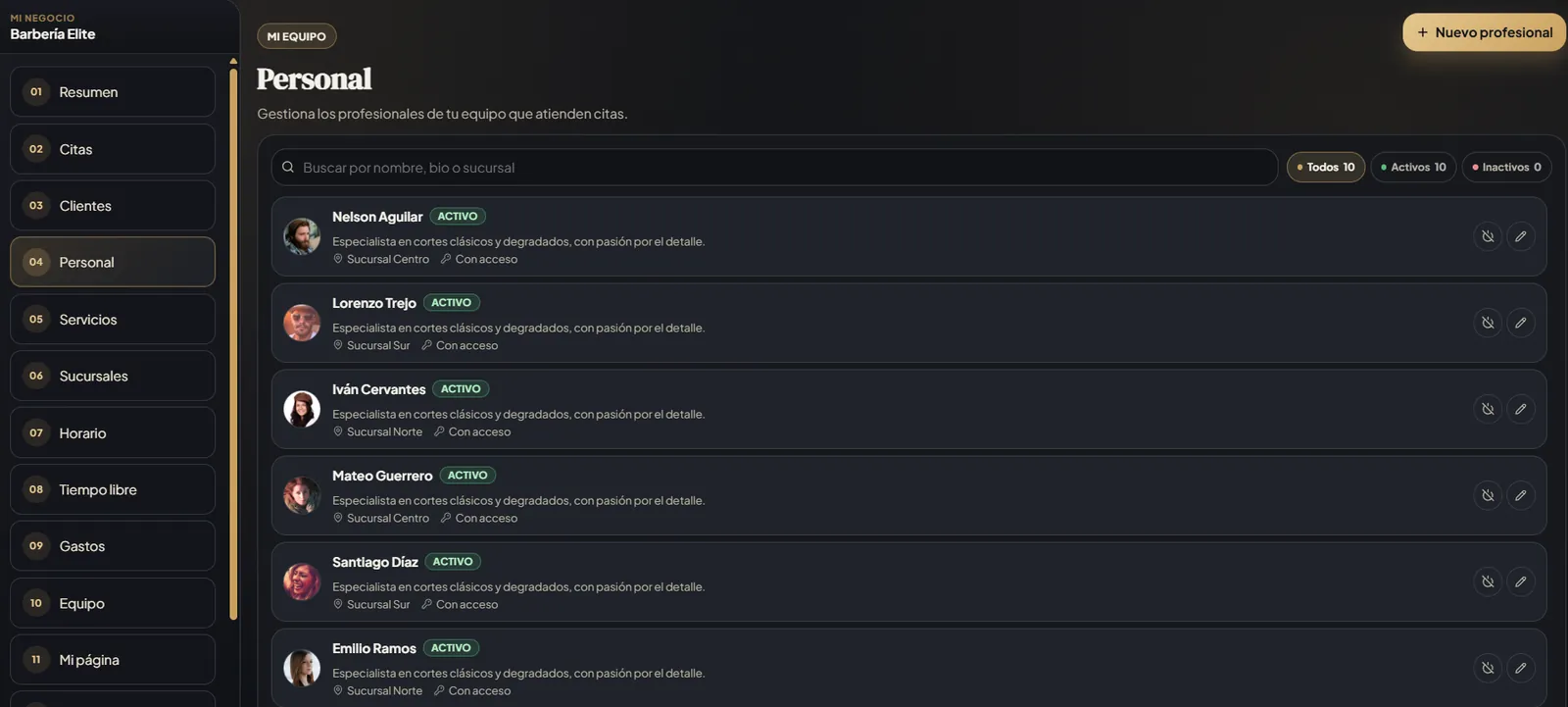 Módulo de personal de Goldesk con la ficha de cada profesional, su sucursal y su estado