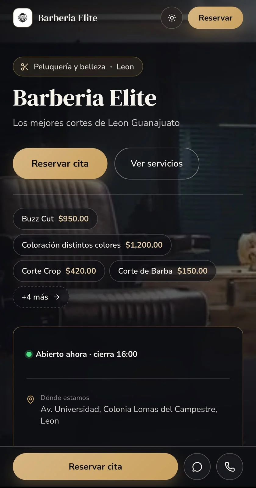 Página pública de una barbería: portada, servicios con precio y horario, en tema oscuro con acentos dorados