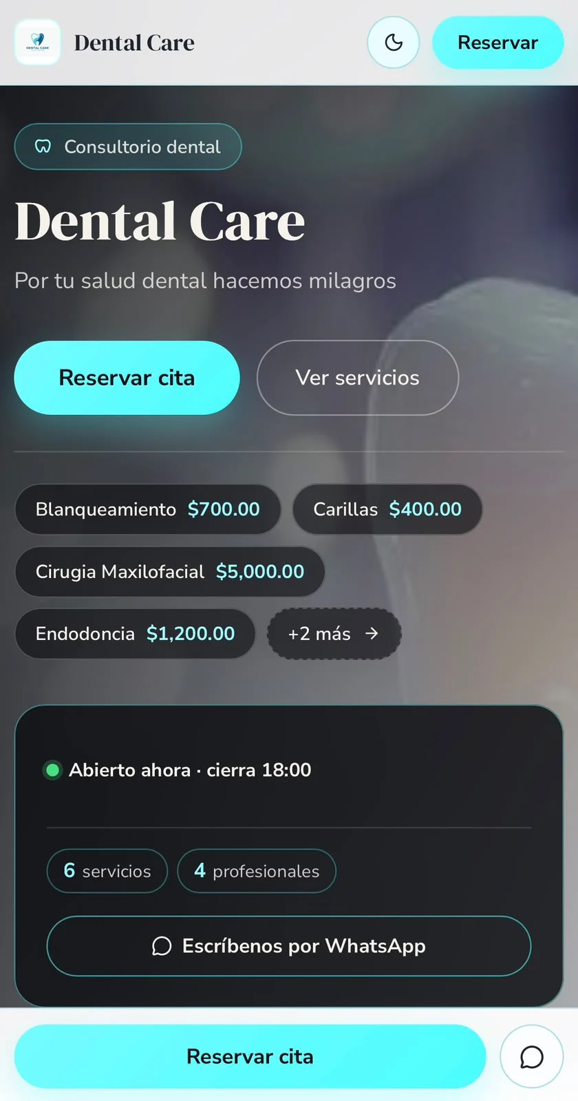 Página pública de una clínica dental: portada, servicios con precio y horario, en tema claro con acentos turquesa