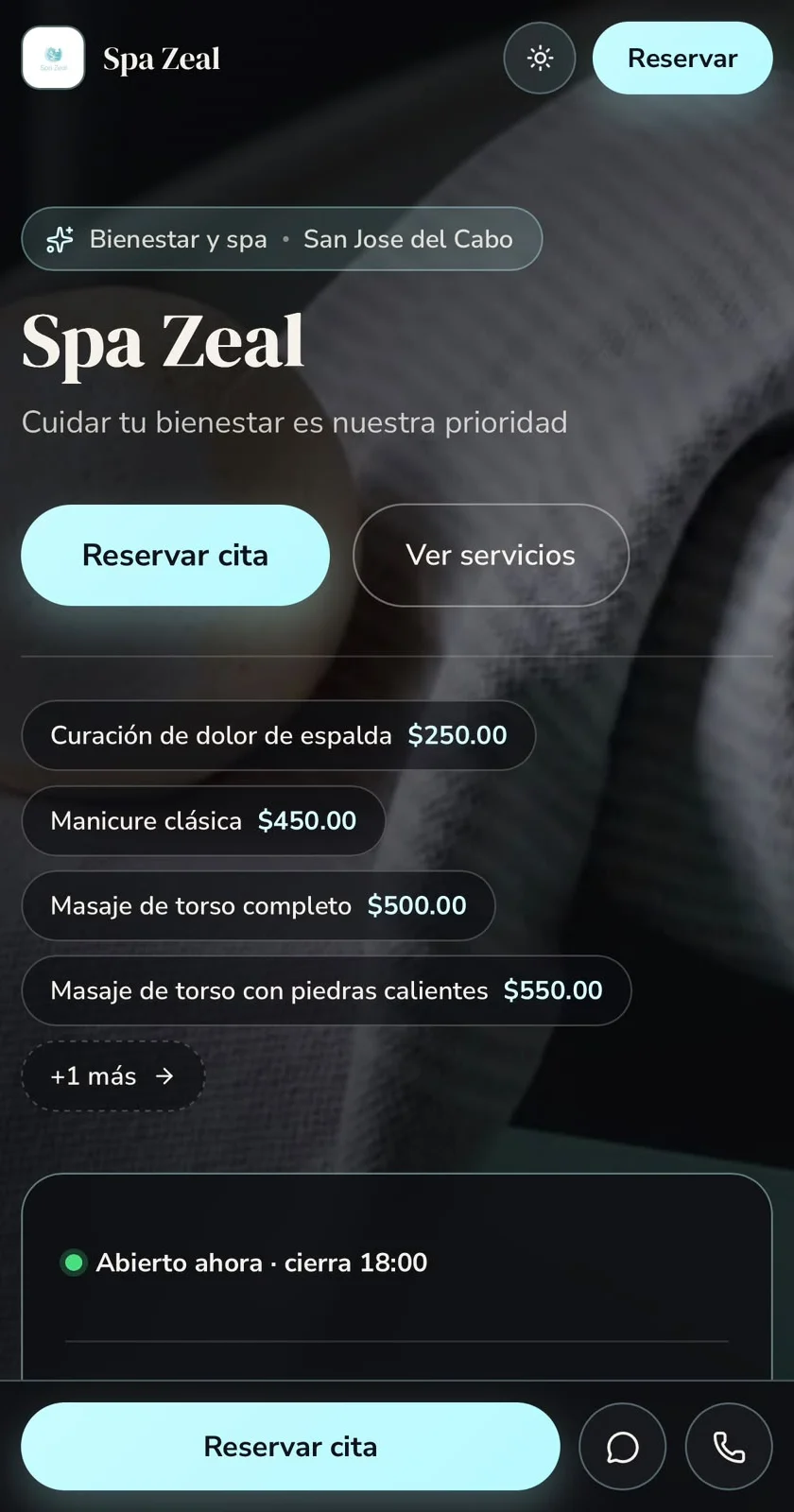 Página pública de un spa: portada, servicios con precio y horario, en tonos profundos y serenos