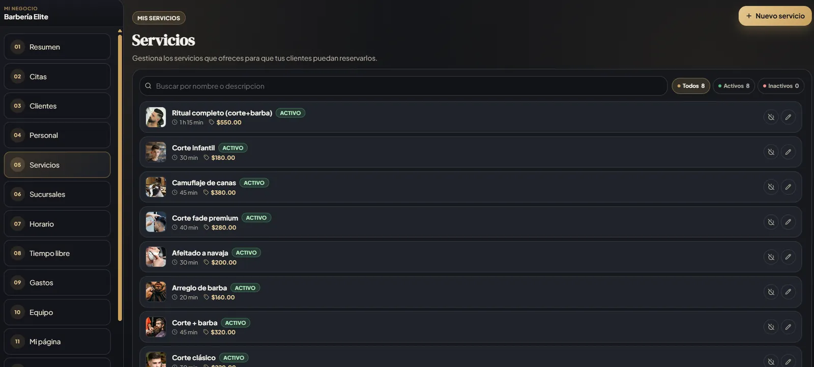 Módulo de servicios de Goldesk con foto, duración y precio de cada servicio del catálogo