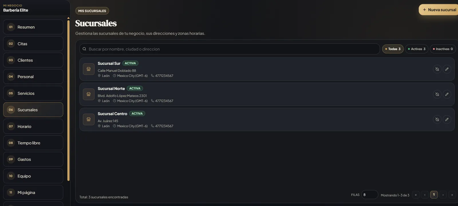 Módulo de sucursales de Goldesk con la dirección, la ciudad y la zona horaria de cada local